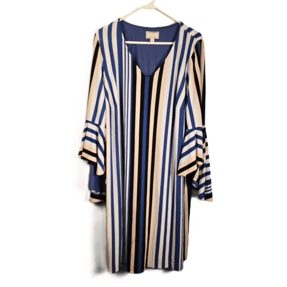 Ivy Road Shift Dress Womens 2X Vertical Stripes Bell Flare Sleeves V-Neck Boho
